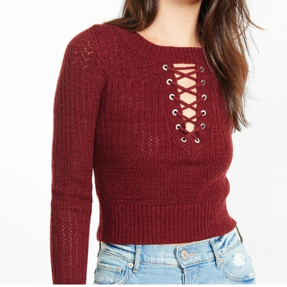 $70 Express mixed stitch lace-up cropped sweater wool/mohair L